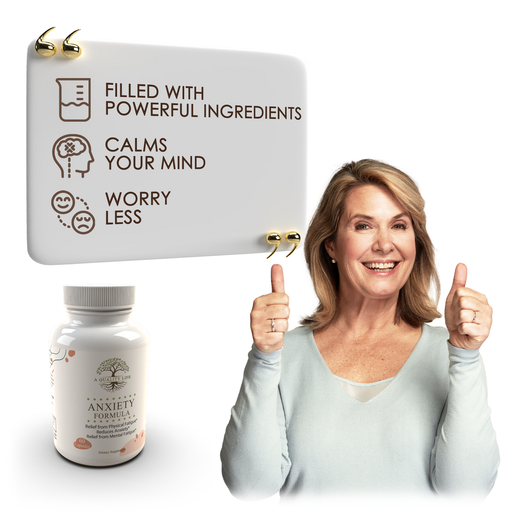 Woman giving a thumbs up next to an anxiety supplement bottle with text about its benefits on a white background