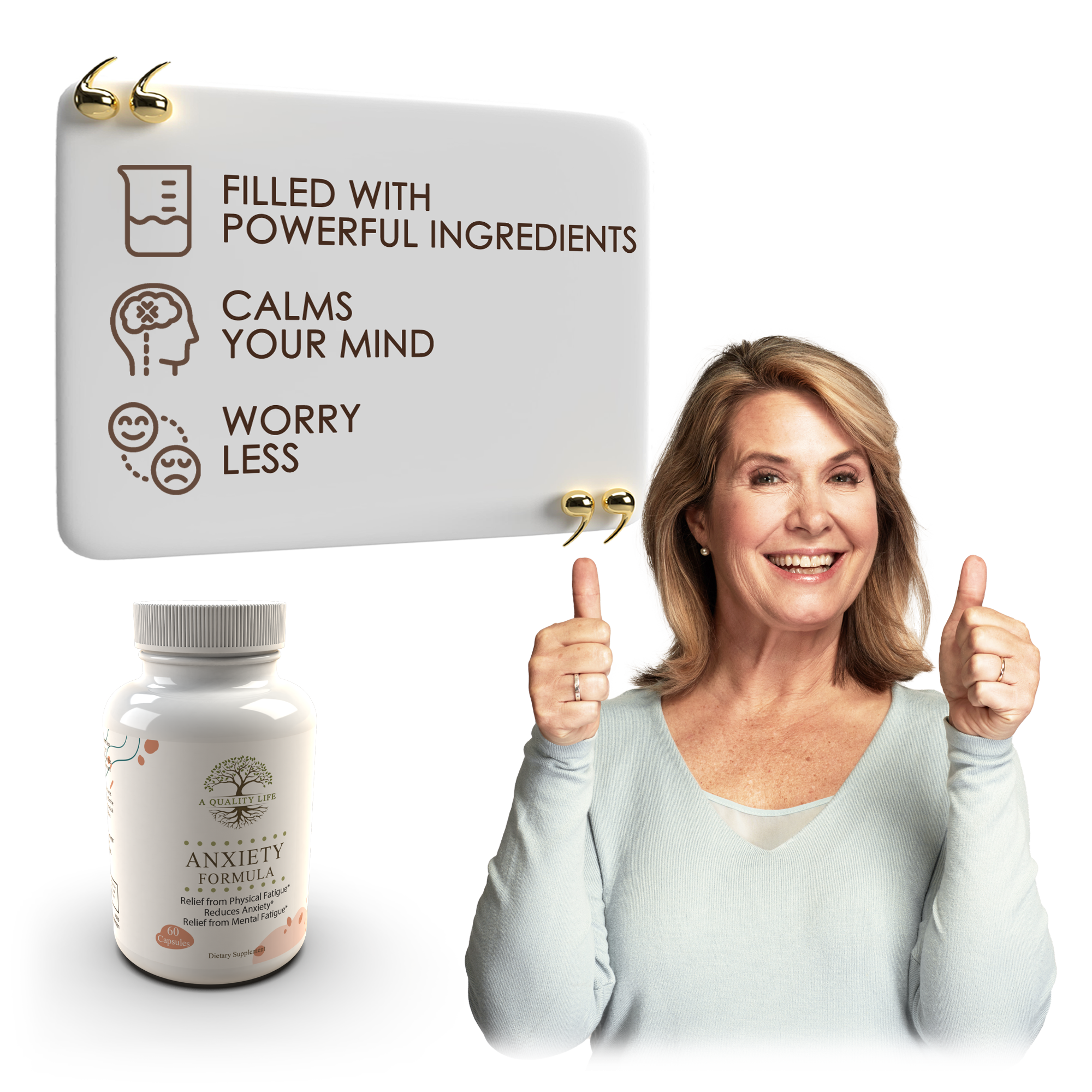 Woman giving a thumbs up next to an anxiety supplement bottle with text about its benefits on a white background