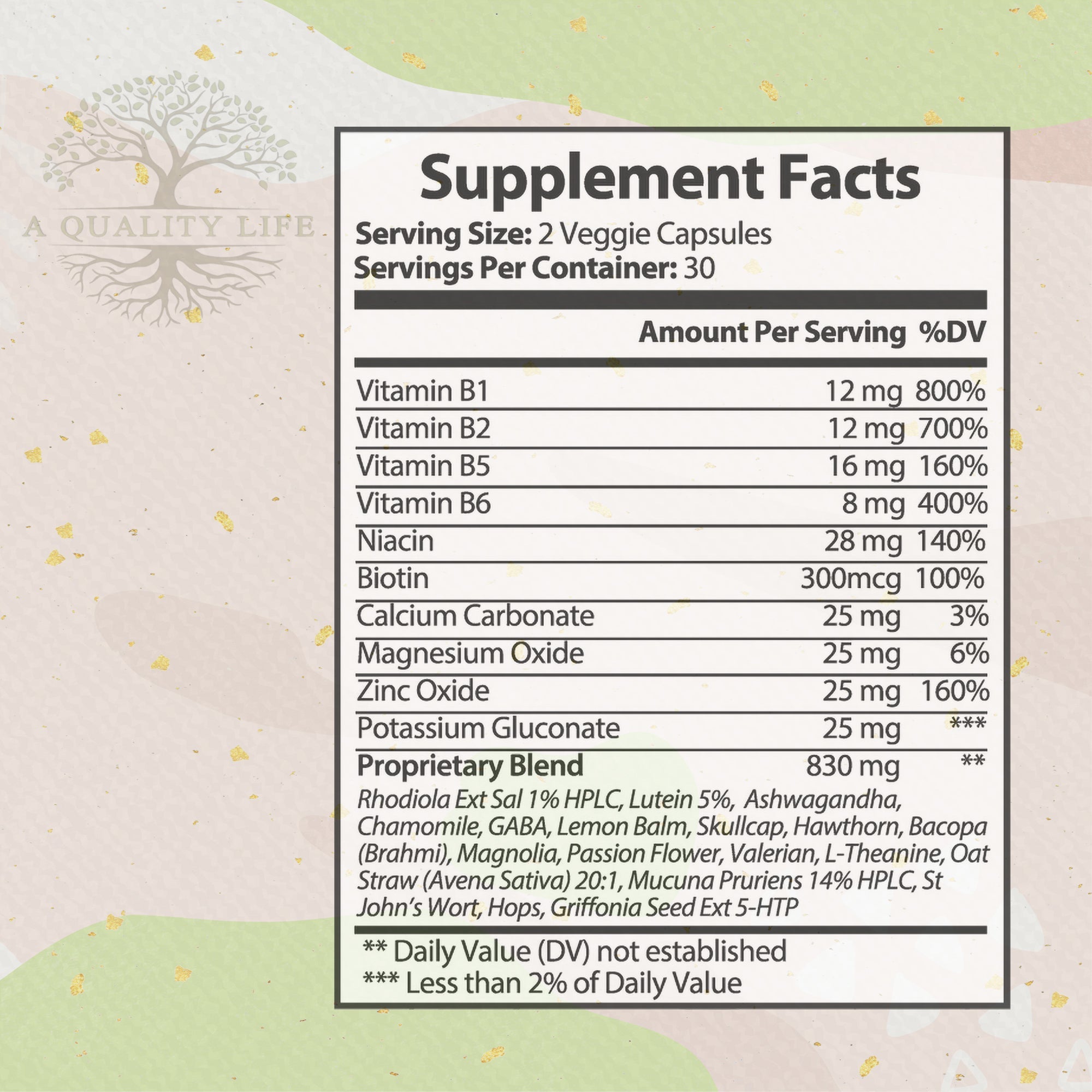 Supplement facts label with detailed nutritional information on a light background