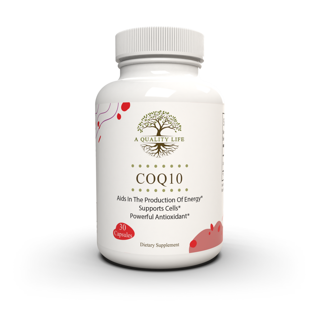 Supplement bottle labeled 'COQ10' by 'A Quality Life' on a white background