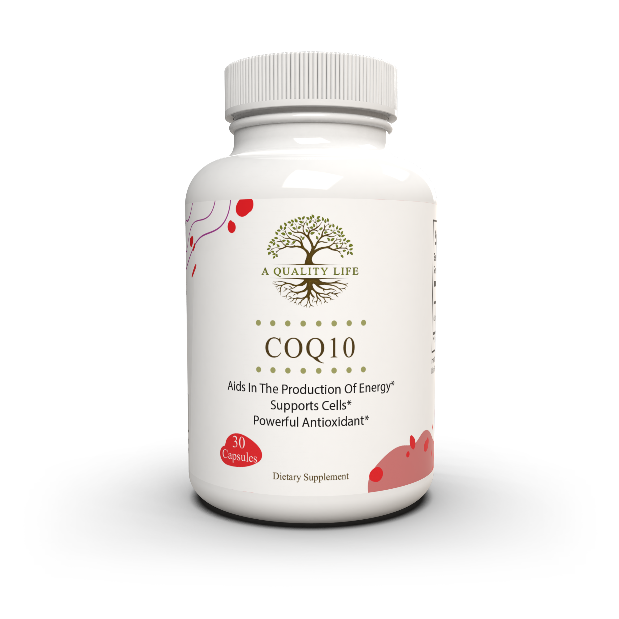 Supplement bottle labeled 'COQ10' by 'A Quality Life' on a white background