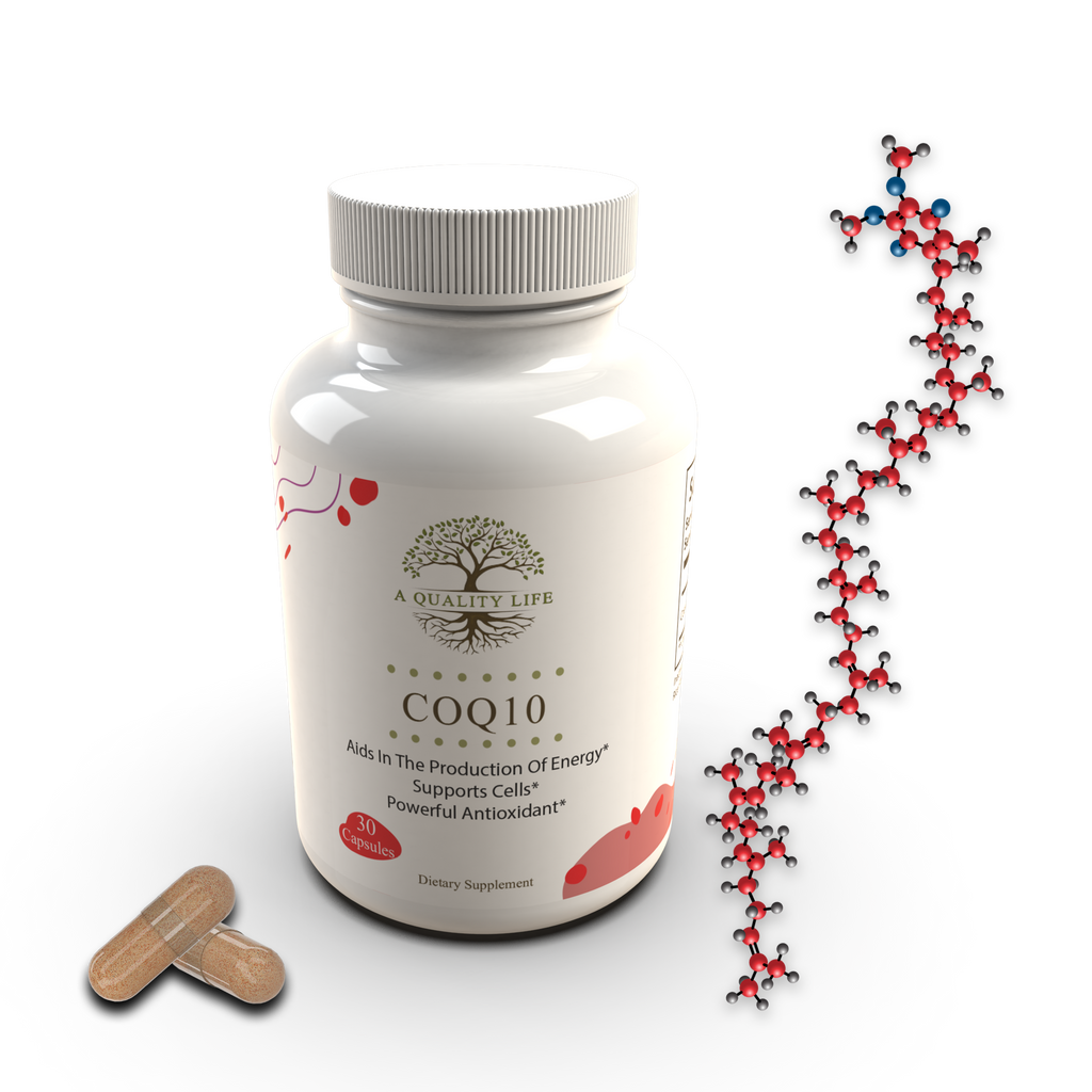 Supplement bottle labeled 'COQ10' with a DNA strand on a white background