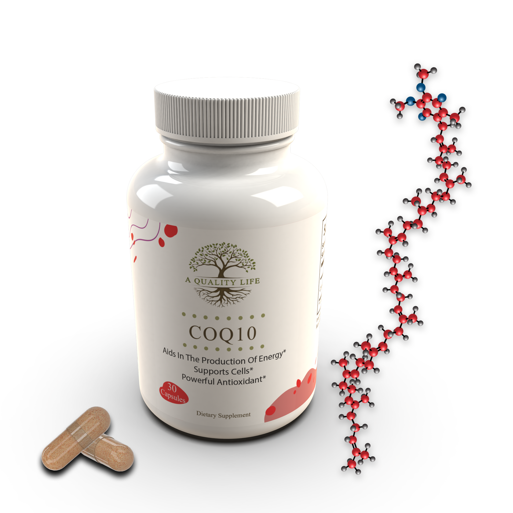 Supplement bottle labeled 'COQ10' with a DNA strand on a white background