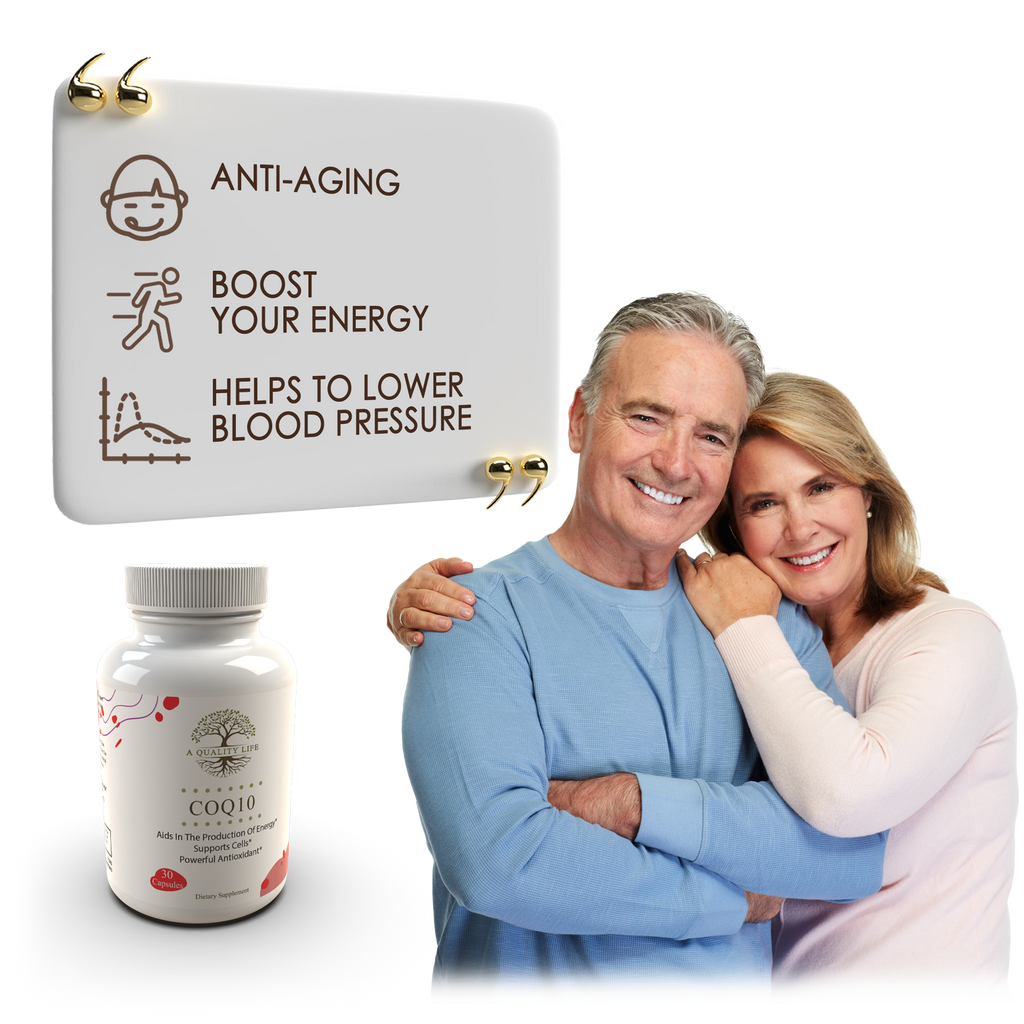 Couple embracing with a supplement bottle and anti-aging product on a white background