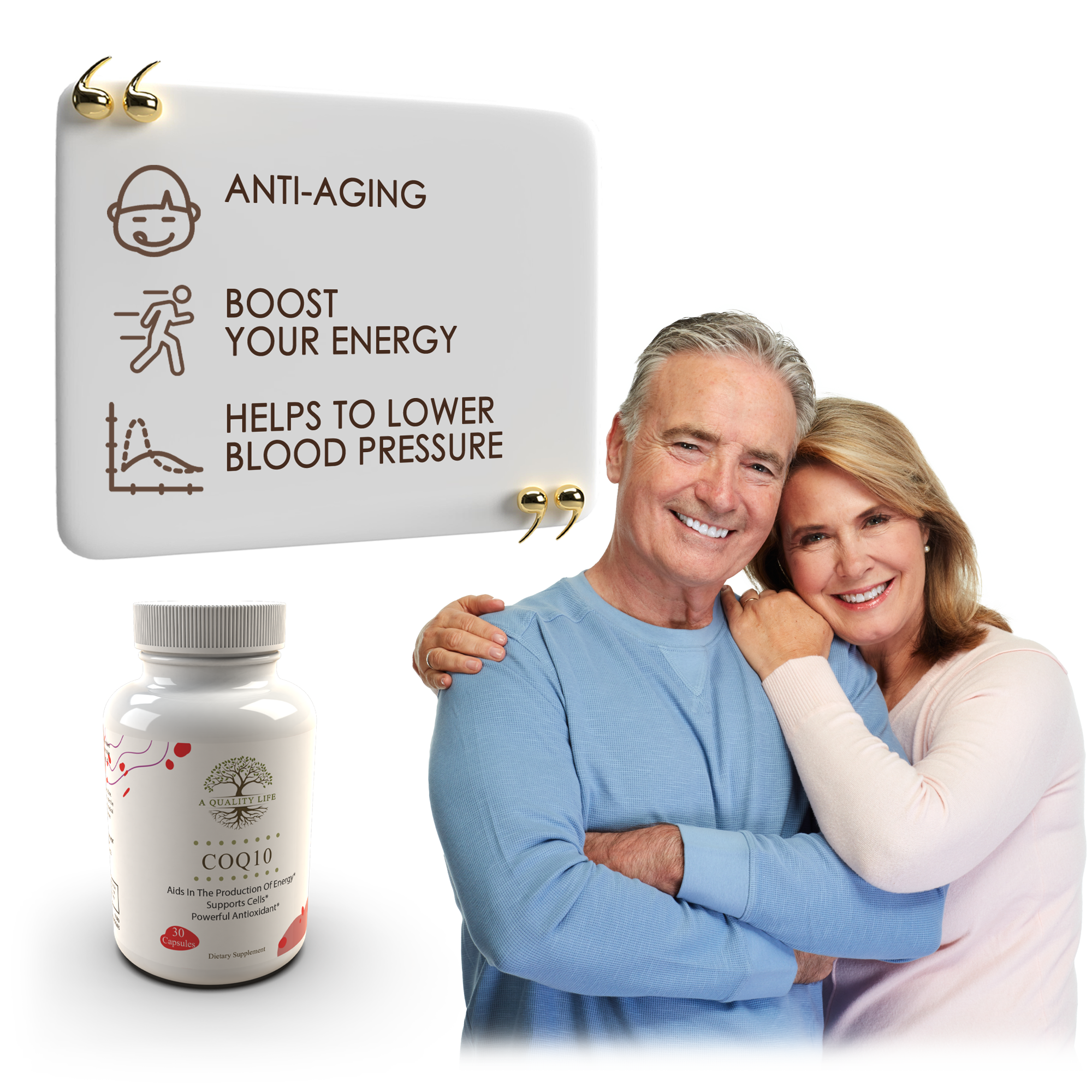 Couple embracing with a supplement bottle and anti-aging product on a white background