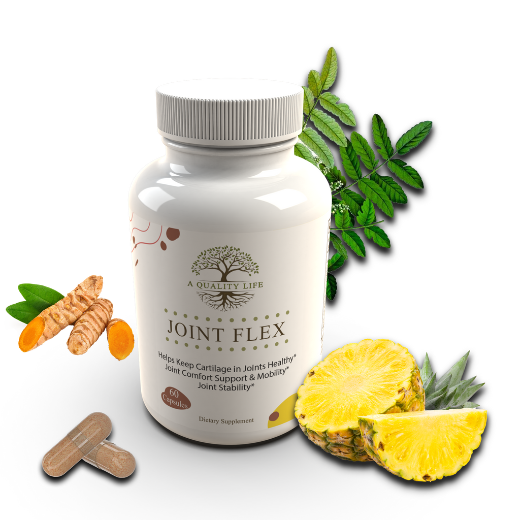 Supplement bottle labeled 'Joint Flex' with pineapple, carrots, and leaves on a white background