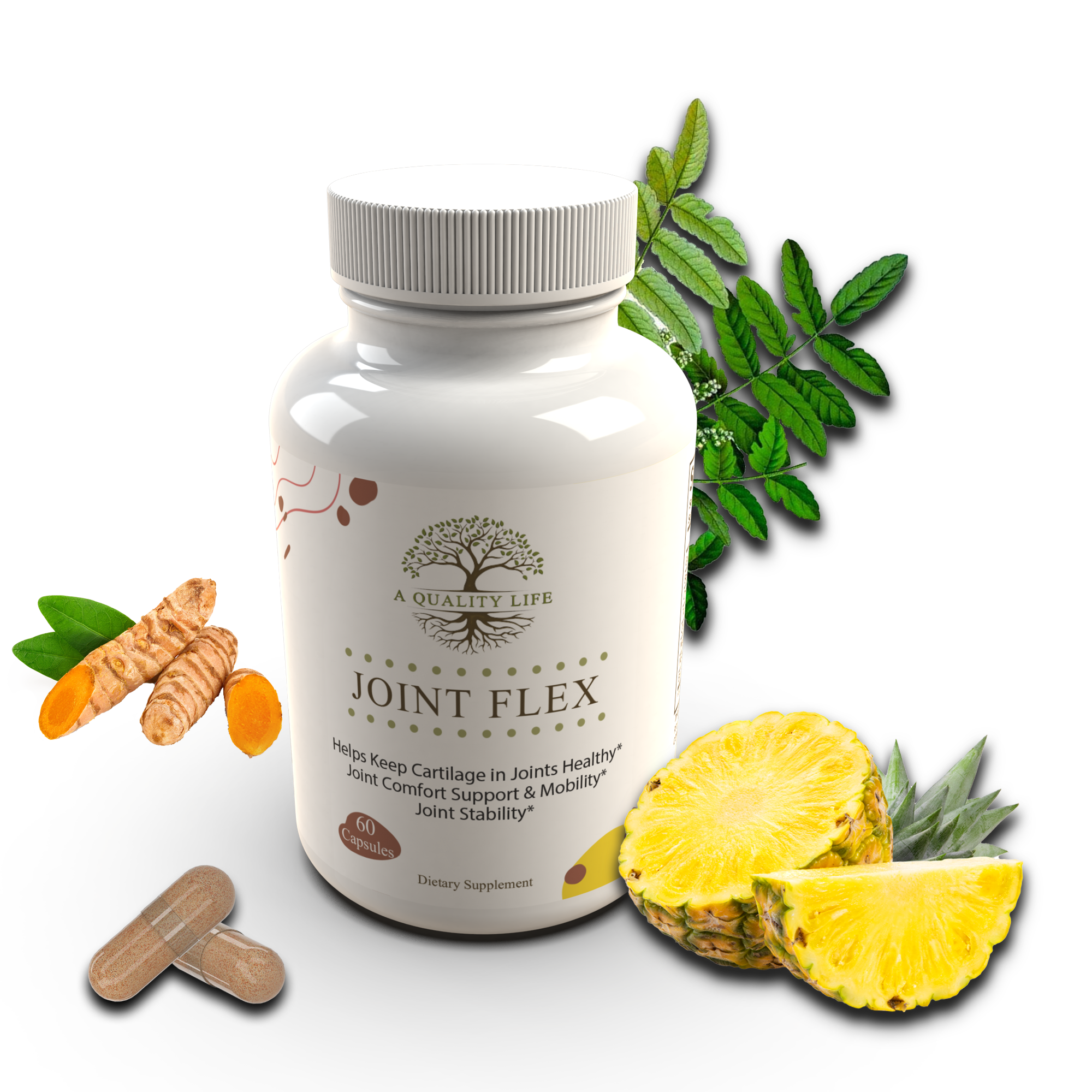 Supplement bottle labeled 'Joint Flex' with pineapple, carrots, and leaves on a white background