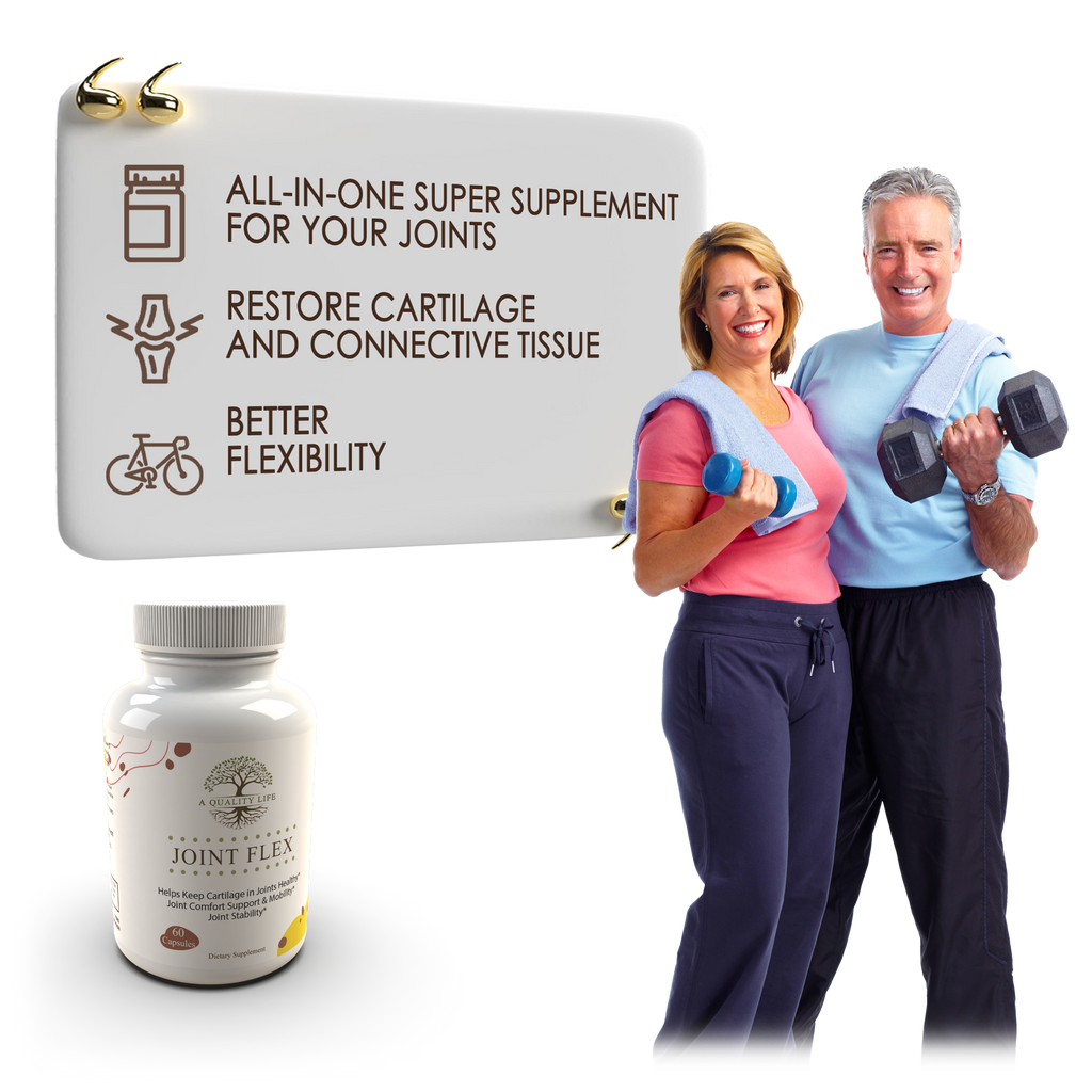 Supplement package for joint health with a couple exercising on a white background