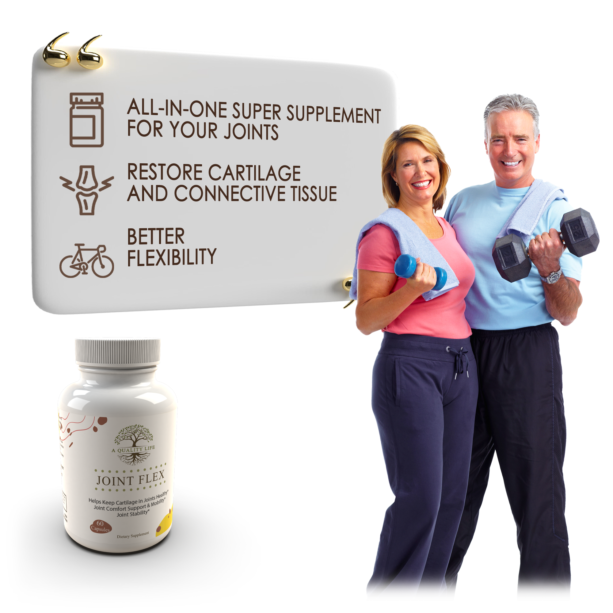 Supplement package for joint health with a couple exercising on a white background
