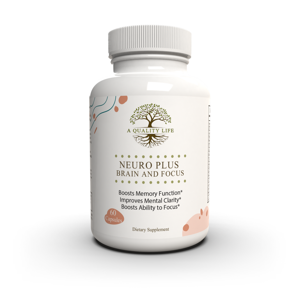 Supplement bottle labeled 'Neuro Plus Brain and Focus' by 'A Quality Life' on a white background