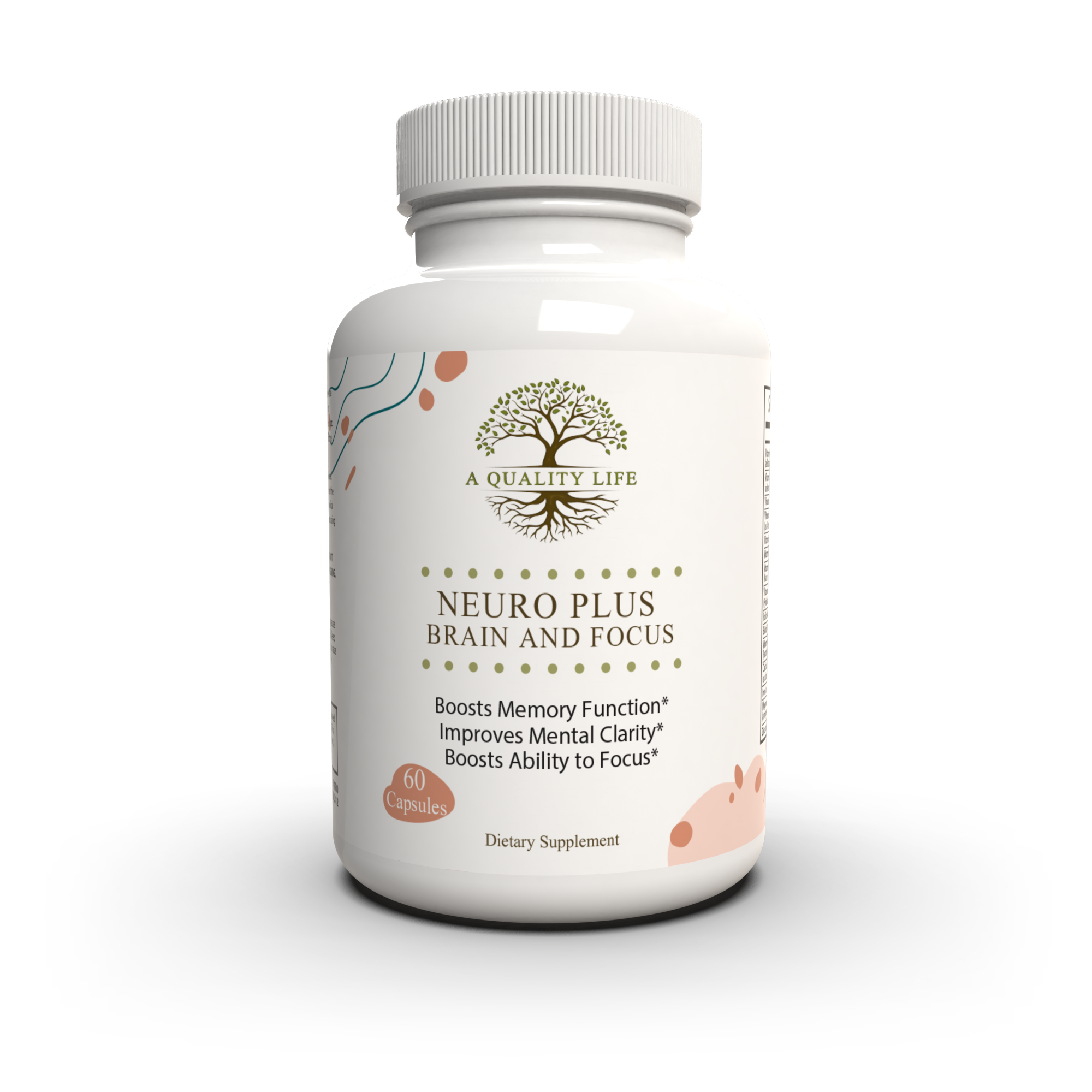 Supplement bottle labeled 'Neuro Plus Brain and Focus' by 'A Quality Life' on a white background