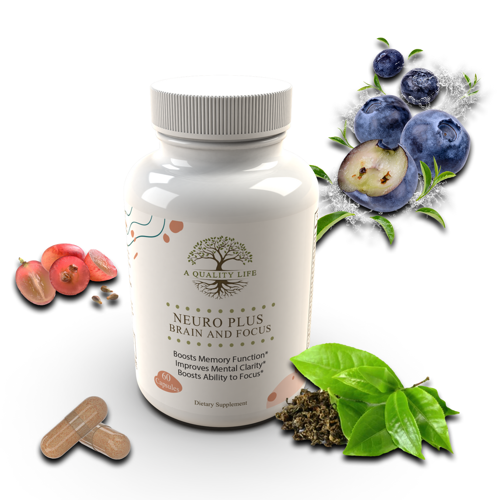 Supplement bottle labeled 'NeuroPlus' with natural elements on a white background