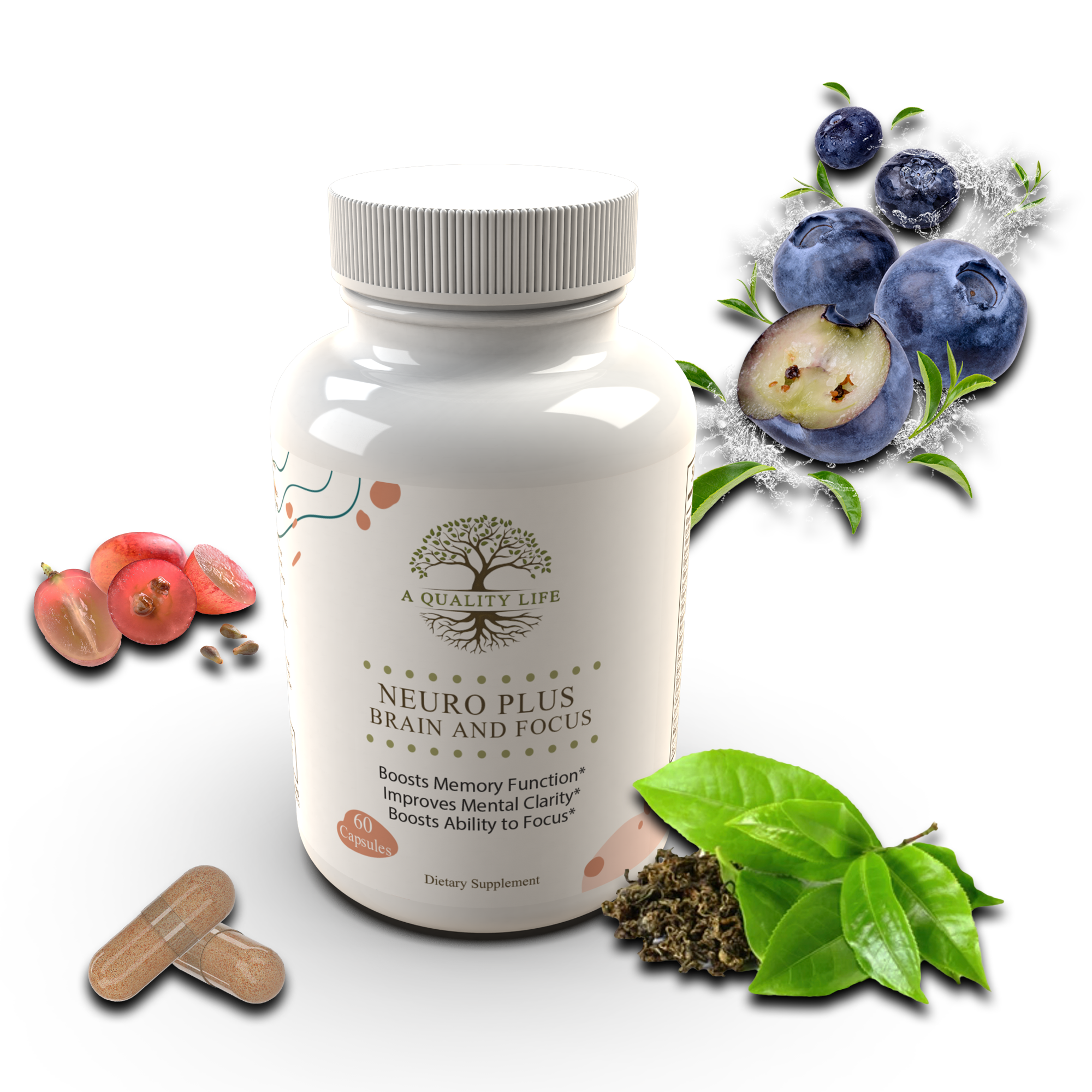 Supplement bottle labeled 'NeuroPlus' with natural elements on a white background