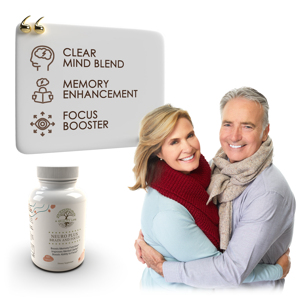 Couple embracing with a supplement bottle and 'Clear Mind Blend' product on a white background