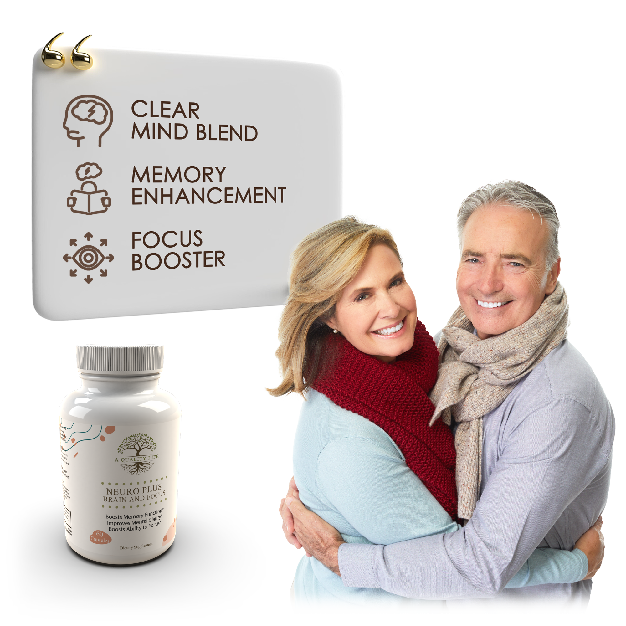 Couple embracing with a supplement bottle and 'Clear Mind Blend' product on a white background