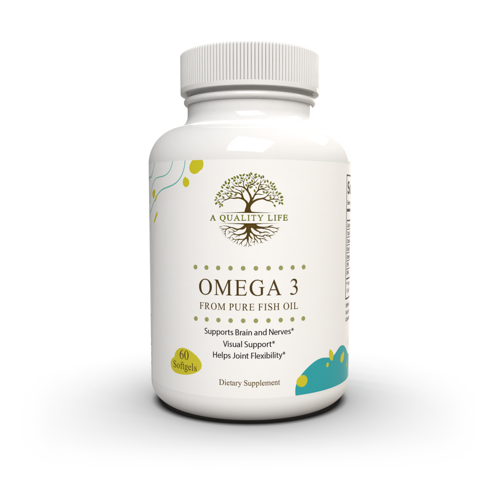 Supplement bottle labeled 'Omega 3 from Pure Fish Oil' by 'A Quality Life' on a white background