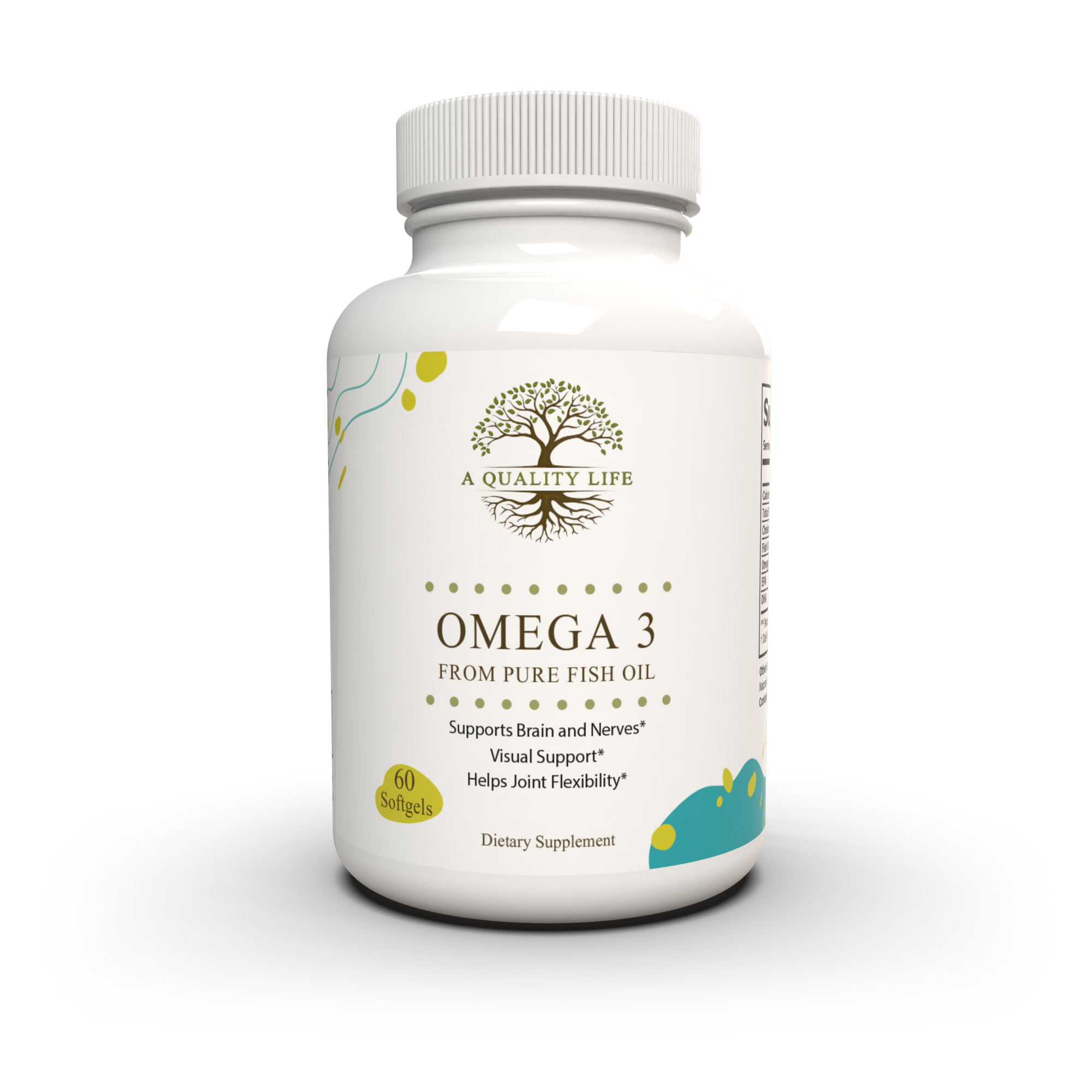 Supplement bottle labeled 'Omega 3 from Pure Fish Oil' by 'A Quality Life' on a white background