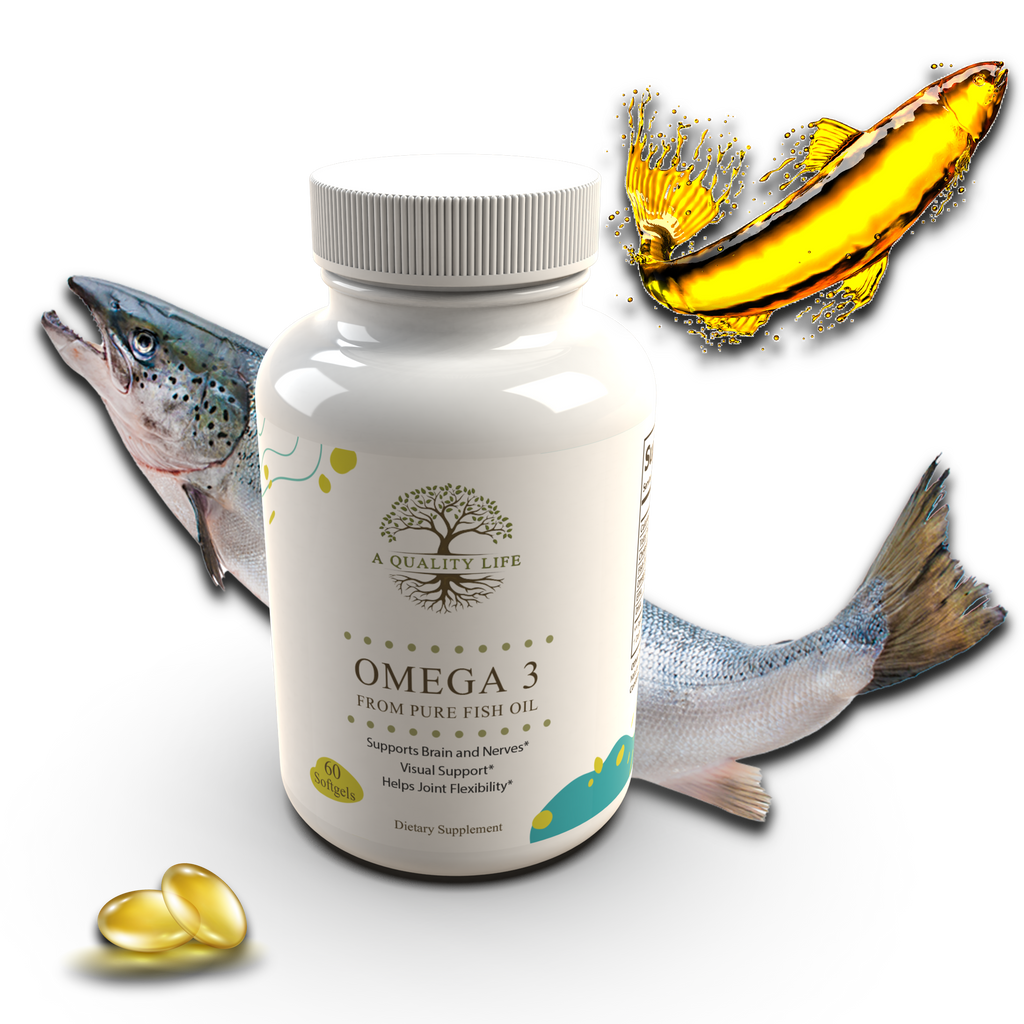 Omega-3 supplement bottle with fish and fish oil illustration on a white background