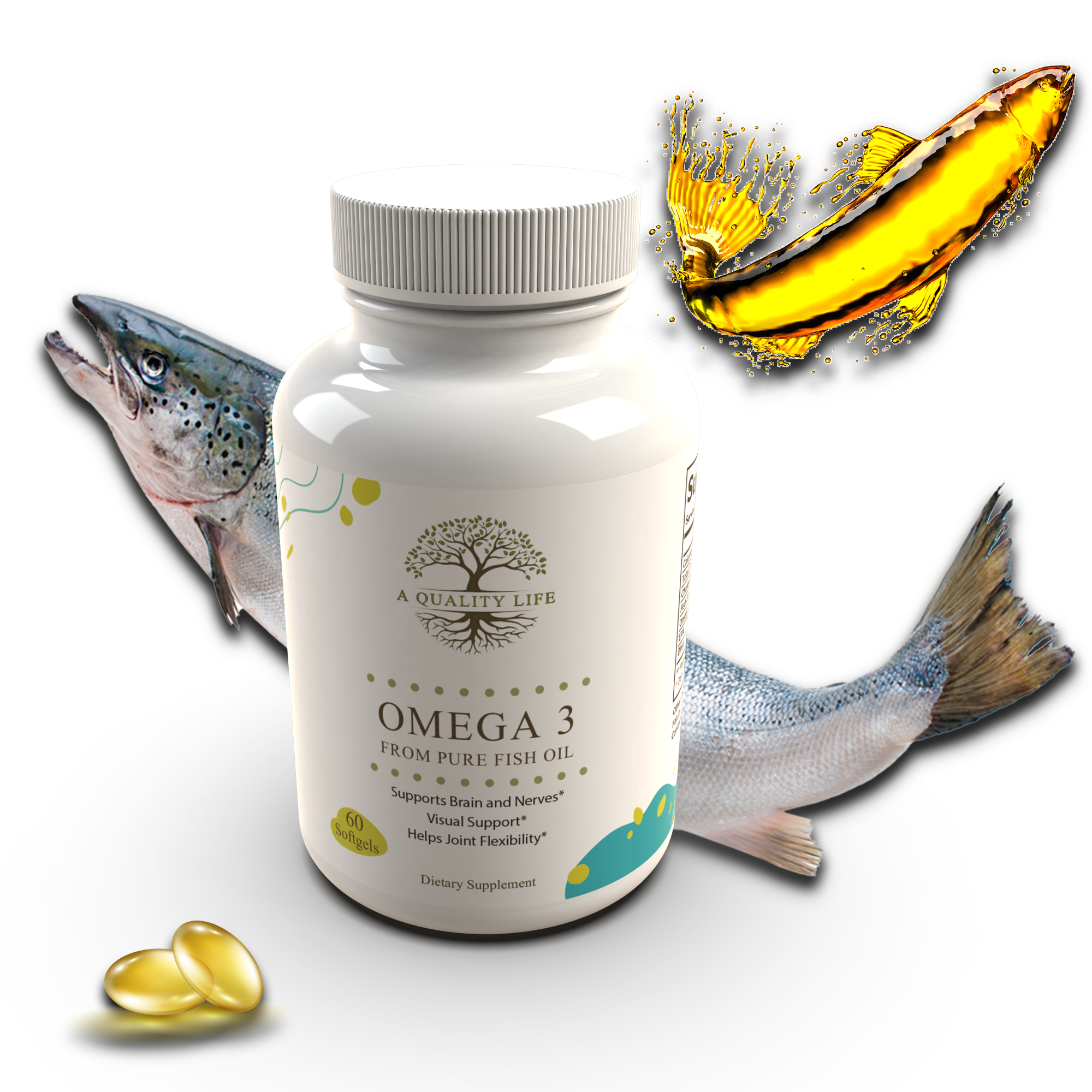 Omega-3 supplement bottle with fish and fish oil illustration on a white background