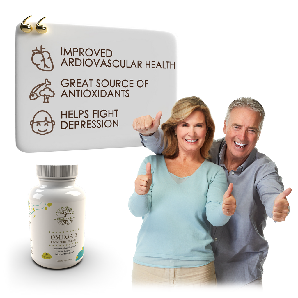 Two people giving thumbs up with a supplement bottle and text about health benefits on a white background