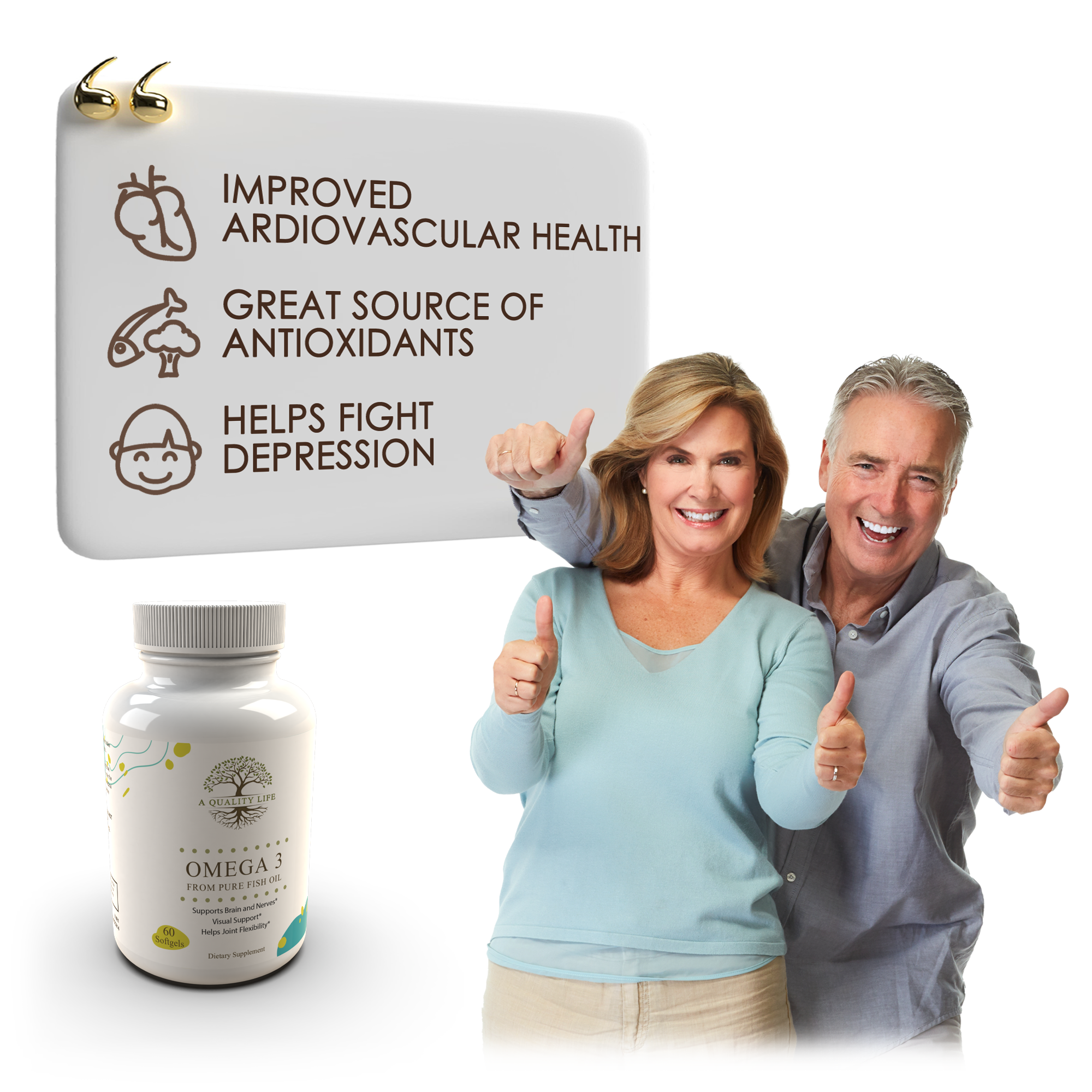 Two people giving thumbs up with a supplement bottle and text about health benefits on a white background