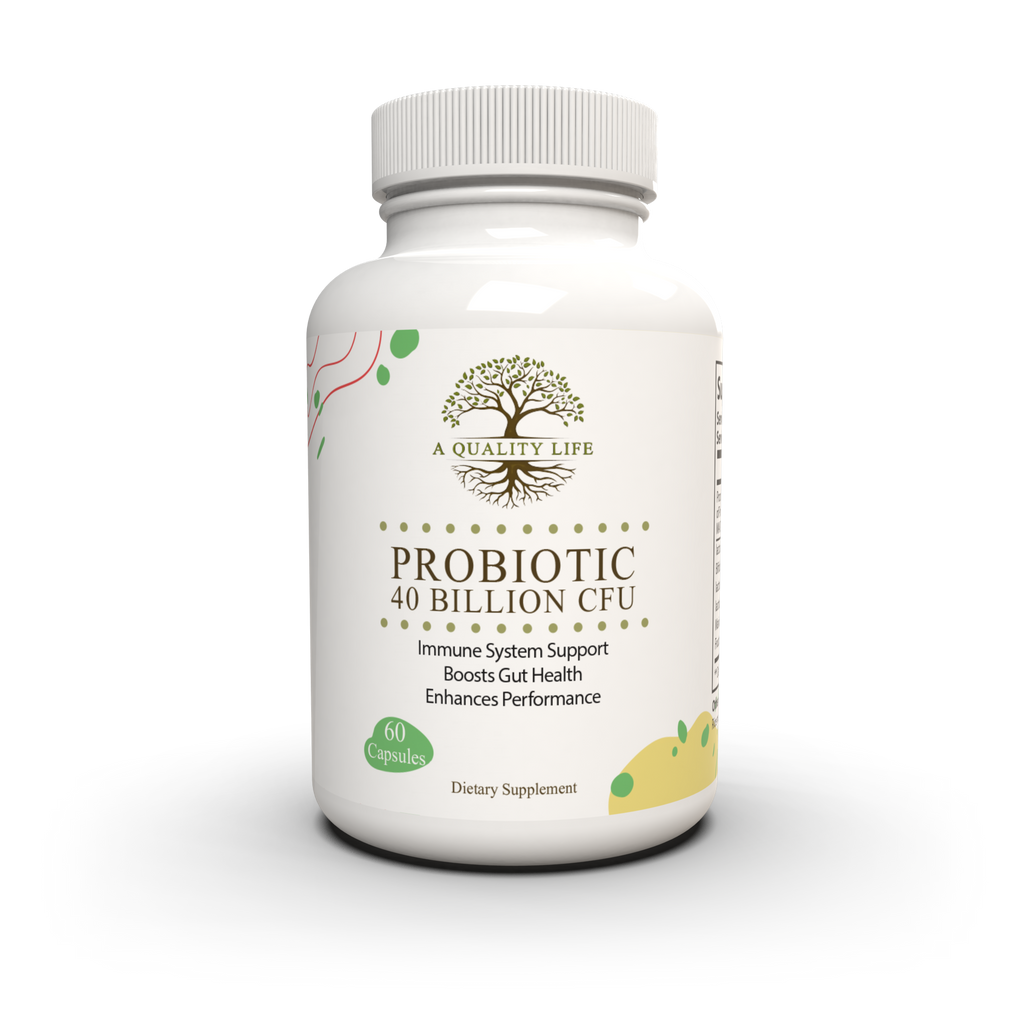Probiotic supplement bottle with 'A Quality Life' branding on a white background