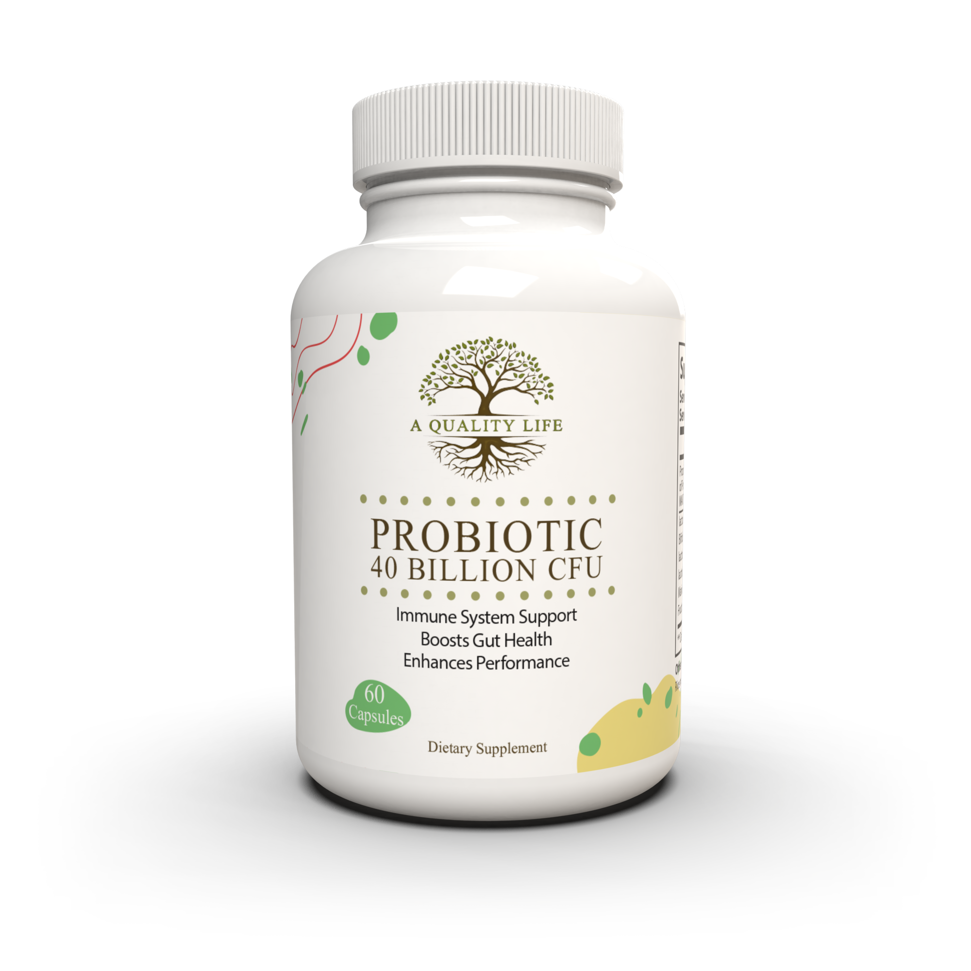Probiotic supplement bottle with 'A Quality Life' branding on a white background