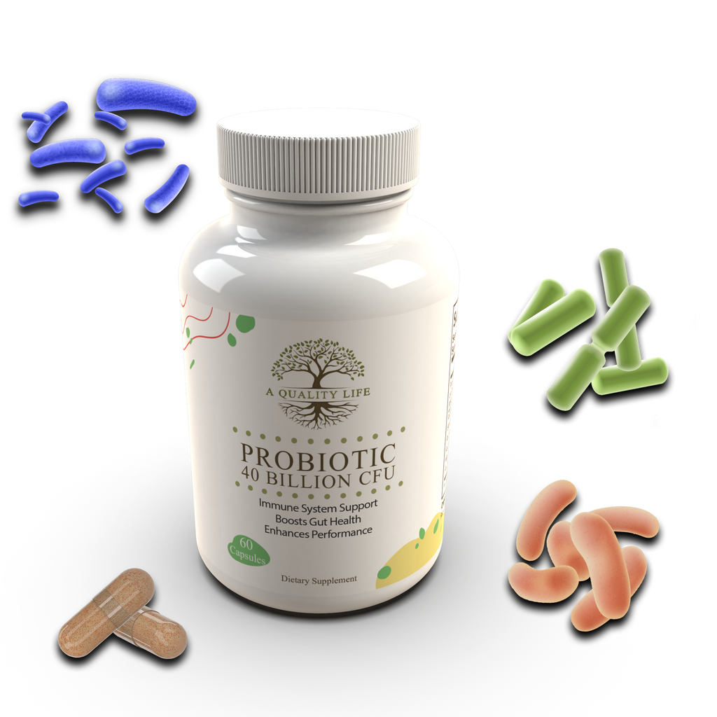 Probiotic supplement bottle with images of probiotics on a white background