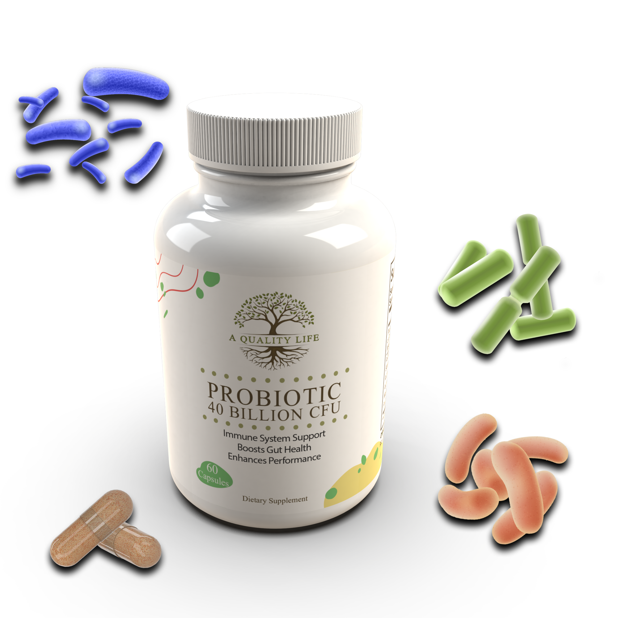 Probiotic supplement bottle with images of probiotics on a white background