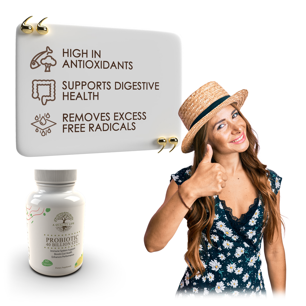 Woman giving a thumbs up next to a probiotic supplement bottle with health benefits text.