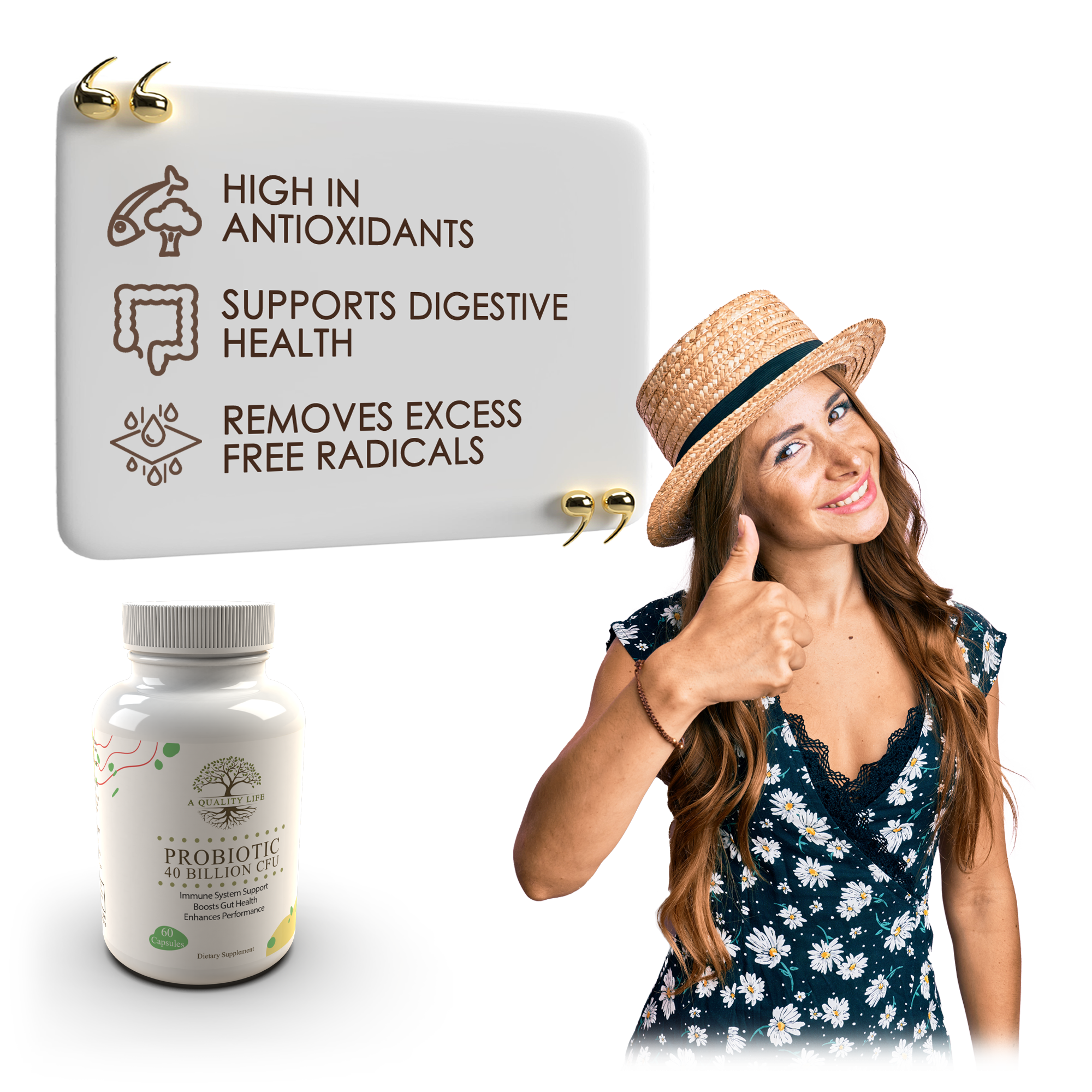 Woman giving a thumbs up next to a probiotic supplement bottle with health benefits text.