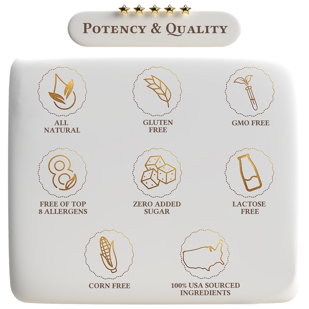 Product packaging with icons and text indicating various dietary freedoms on a white background.