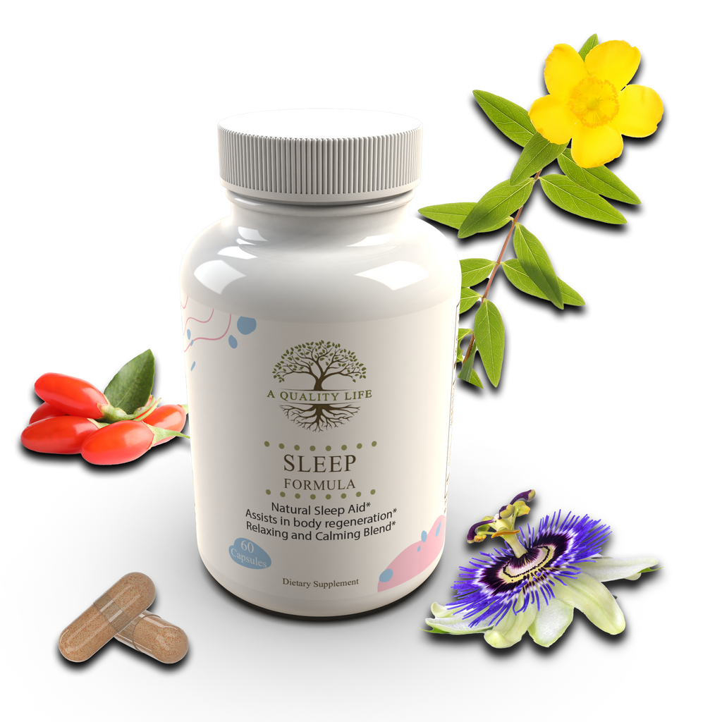Sleep formula supplement bottle with natural elements on a white background