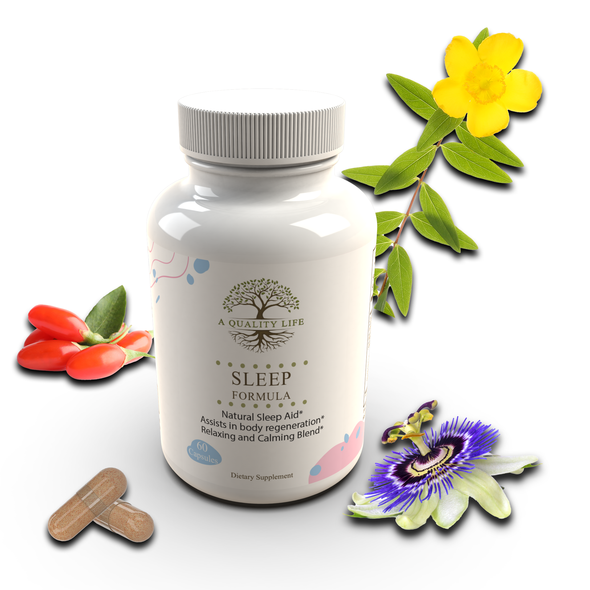 Sleep formula supplement bottle with natural elements on a white background