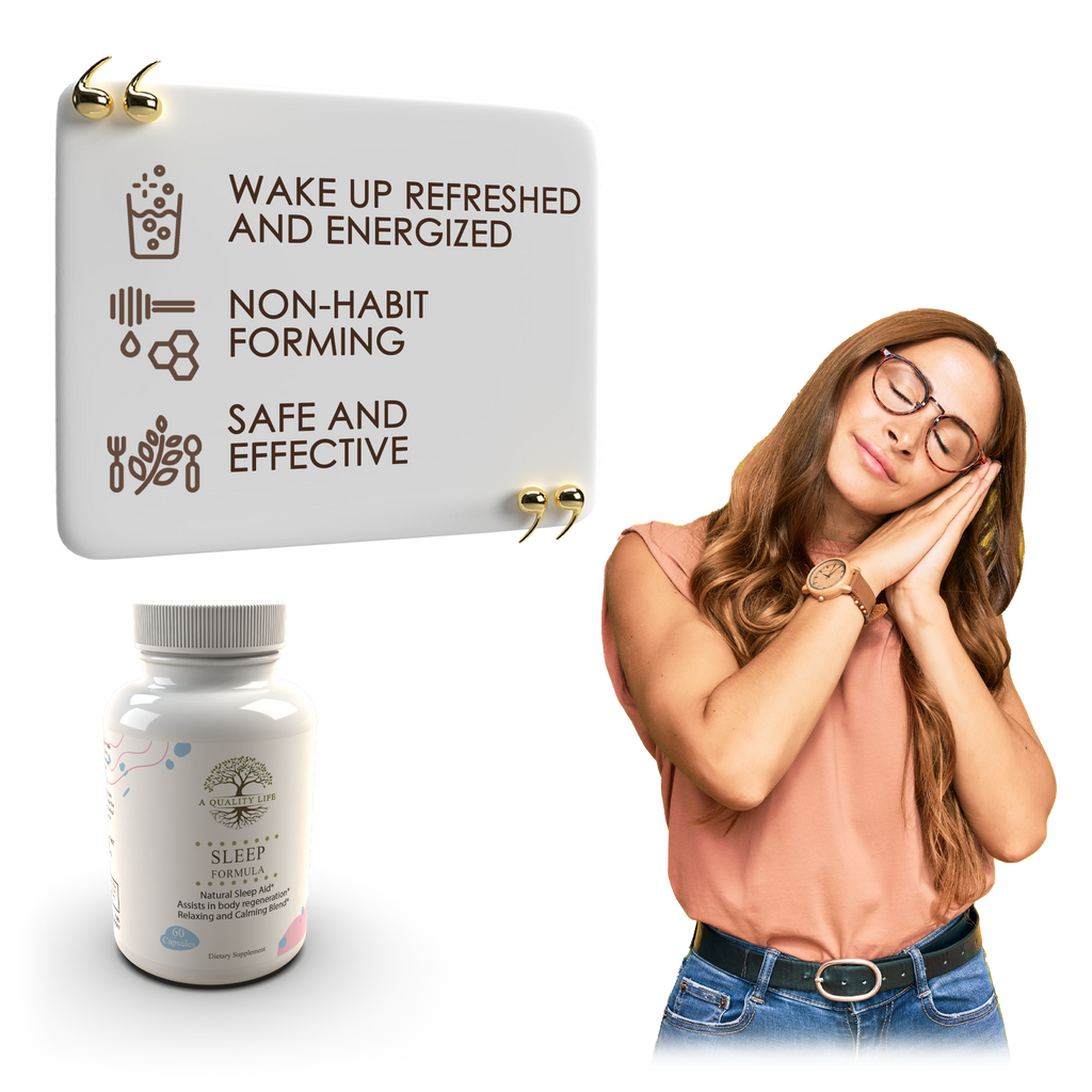 Sleep supplement bottle with packaging and a woman appearing refreshed on a white background