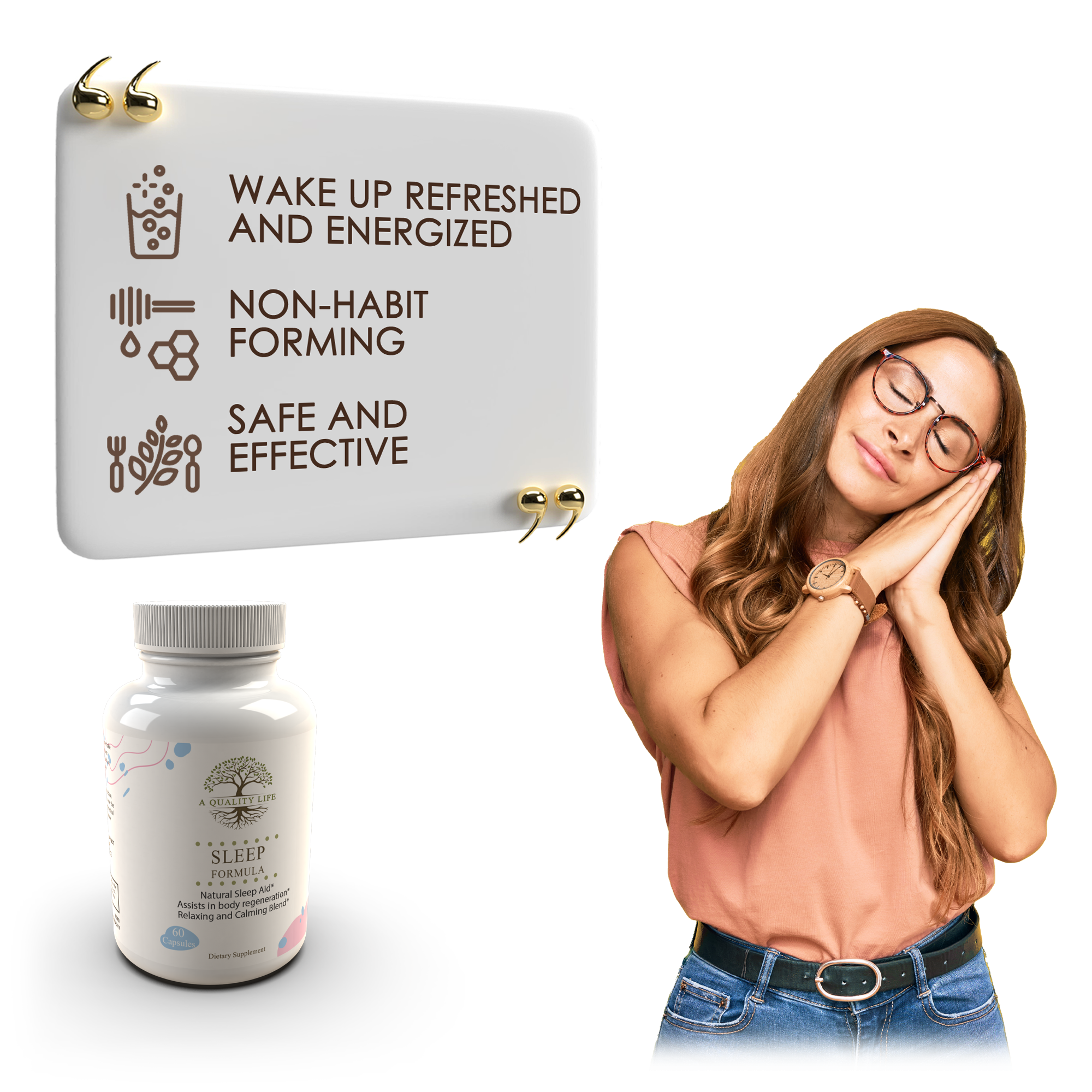 Sleep supplement bottle with packaging and a woman appearing refreshed on a white background