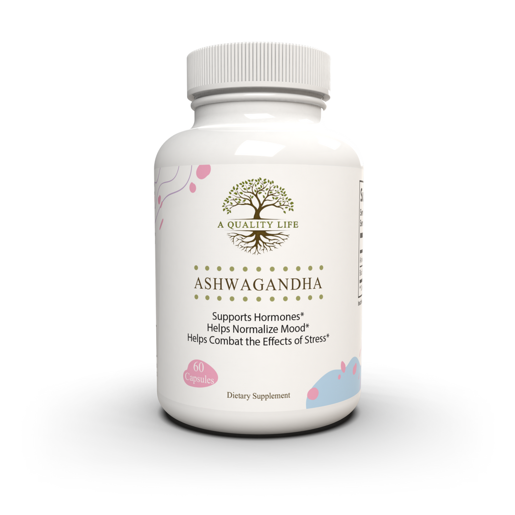Supplement bottle labeled 'Ashwagandha' with branding on a white background