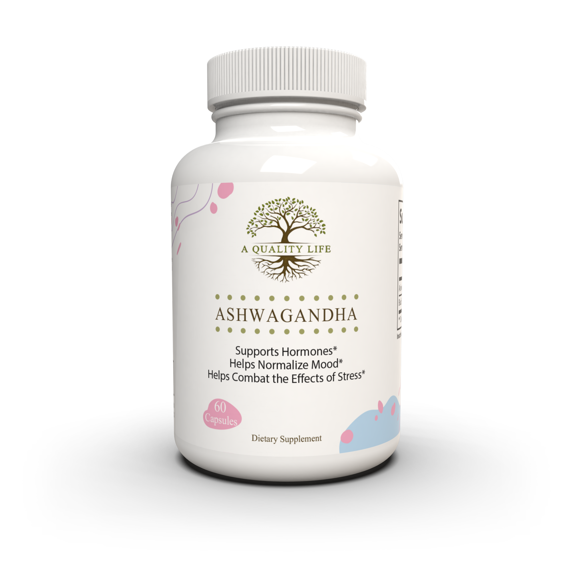 Supplement bottle labeled 'Ashwagandha' with branding on a white background