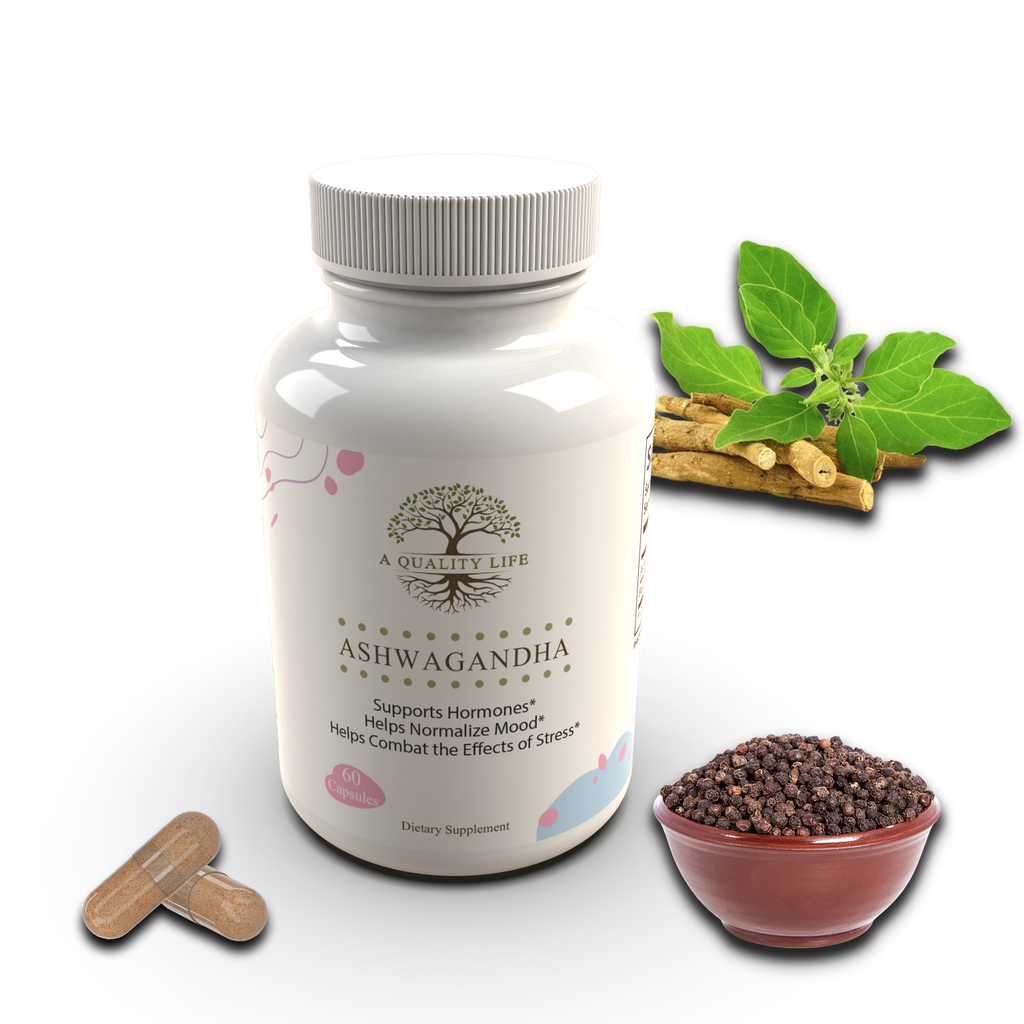 Supplement bottle labeled 'A Quality Life Ashwagandha' with ashwagandha leaves, roots, and seeds on a white background.