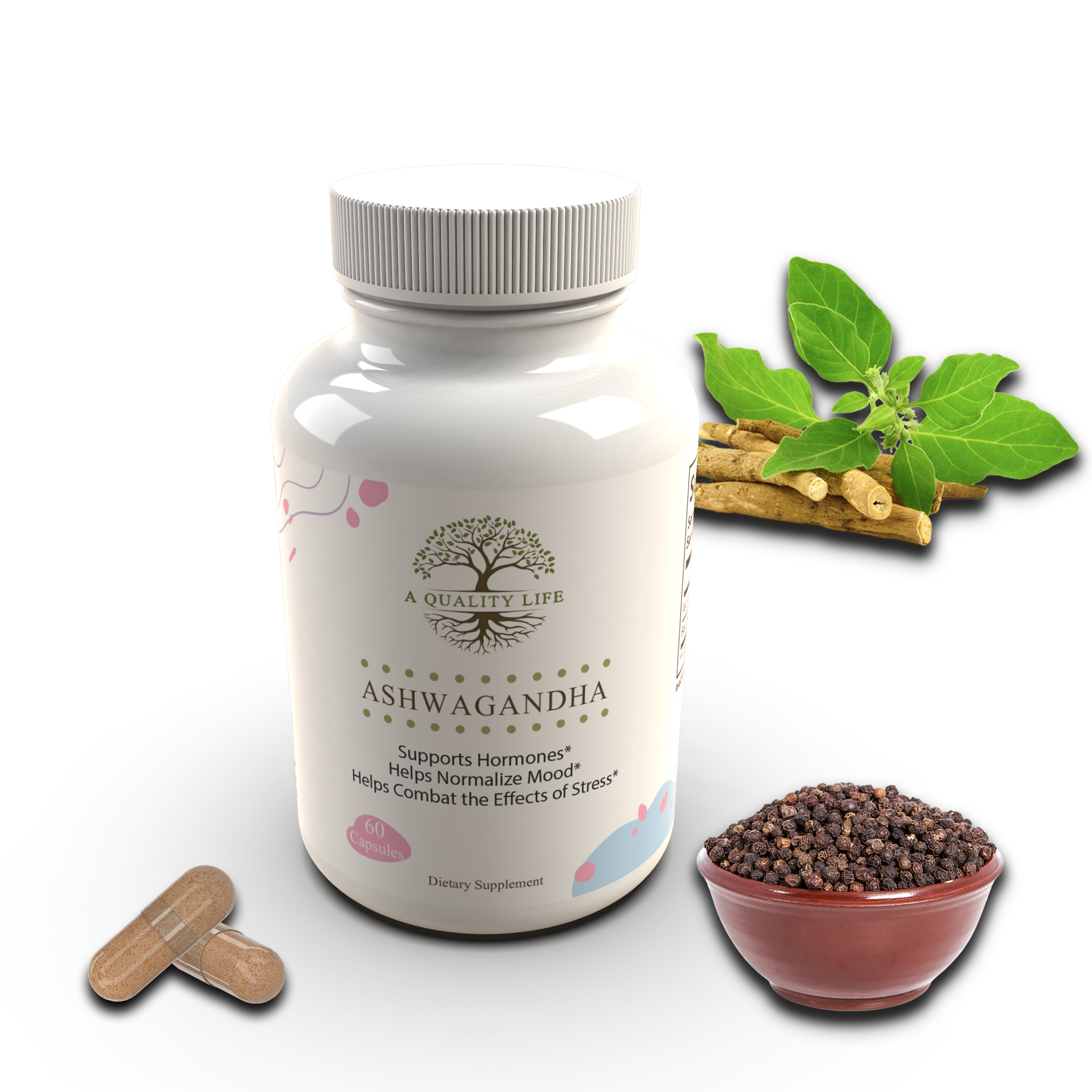 Supplement bottle labeled 'A Quality Life Ashwagandha' with ashwagandha leaves, roots, and seeds on a white background.
