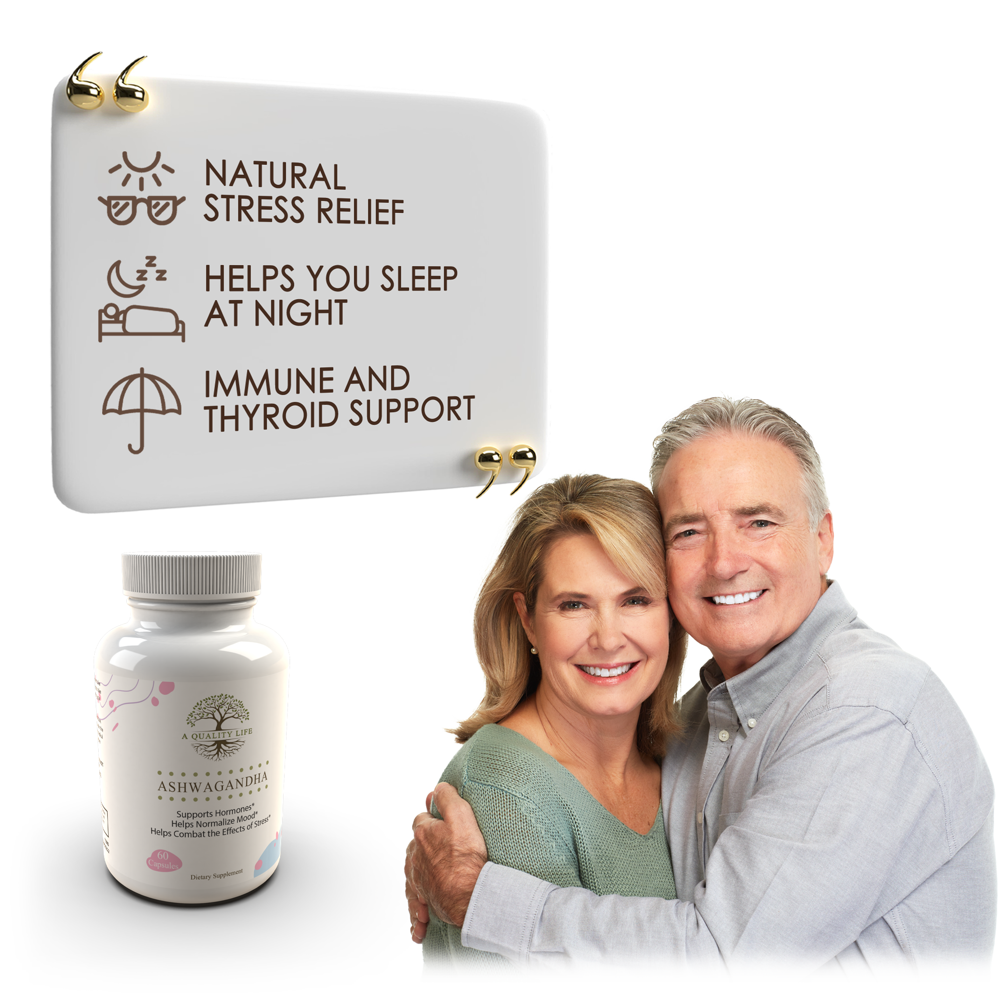 Couple with a supplement bottle and product box on a white background