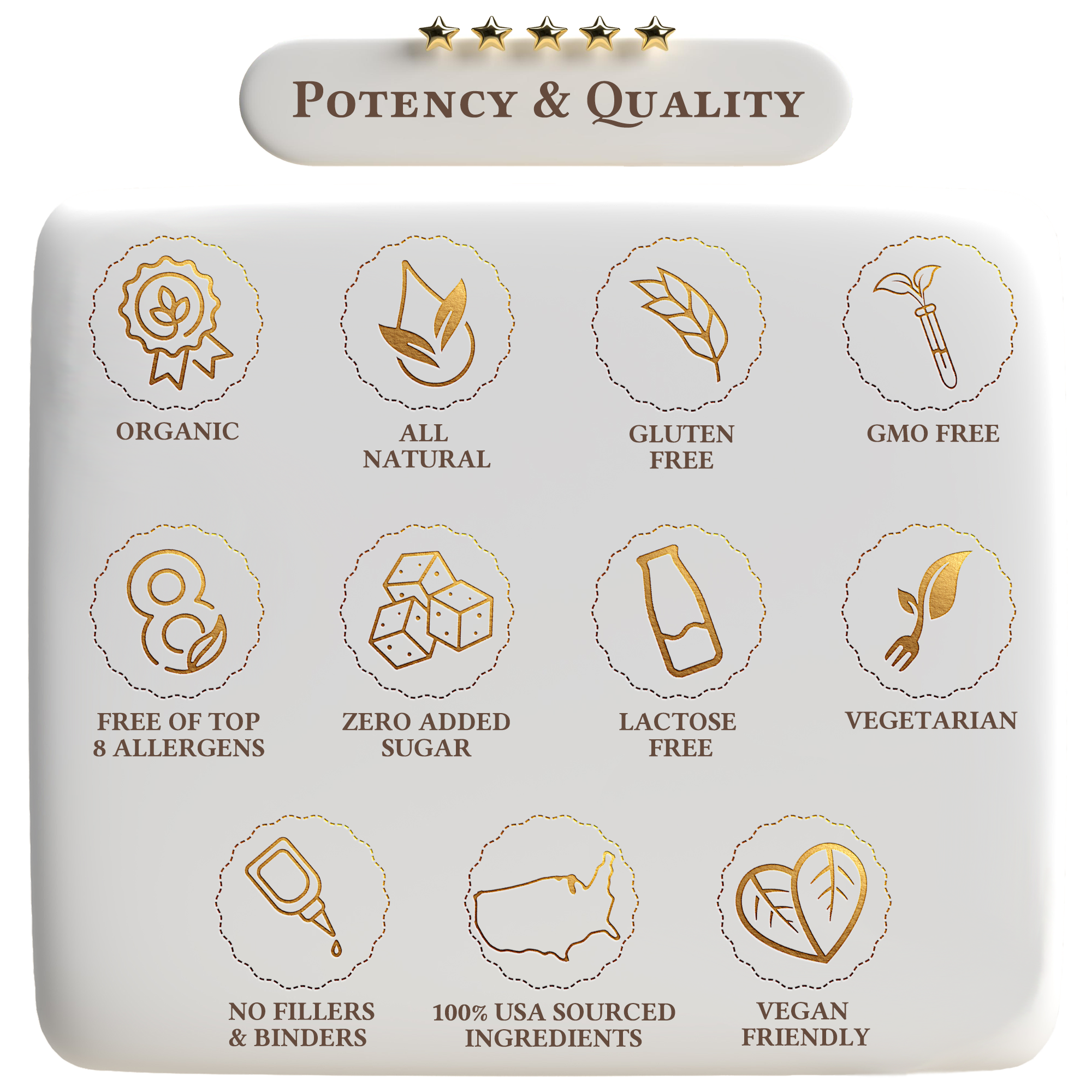 Product label with icons and text indicating various dietary and health benefits on a white background.