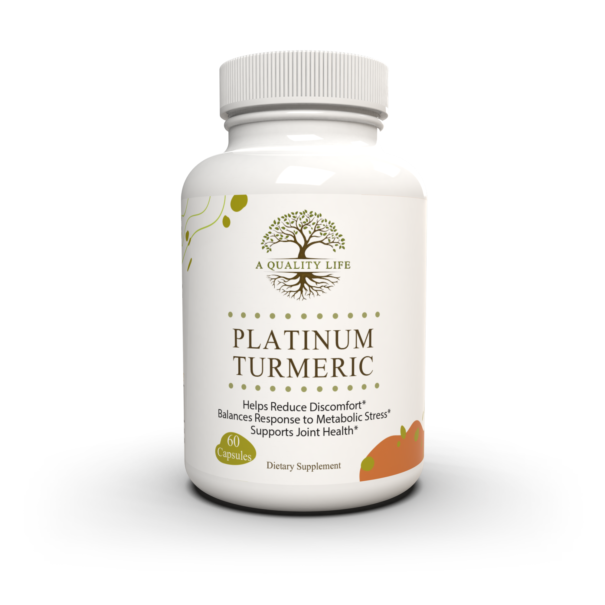 Supplement bottle labeled 'Platinum Turmeric' on a white background
