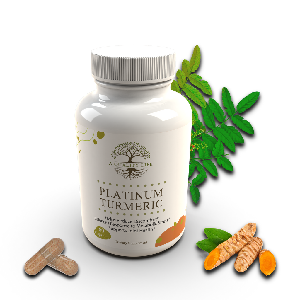 Supplement bottle labeled 'Platinum Turmeric' with turmeric roots and leaves on a white background