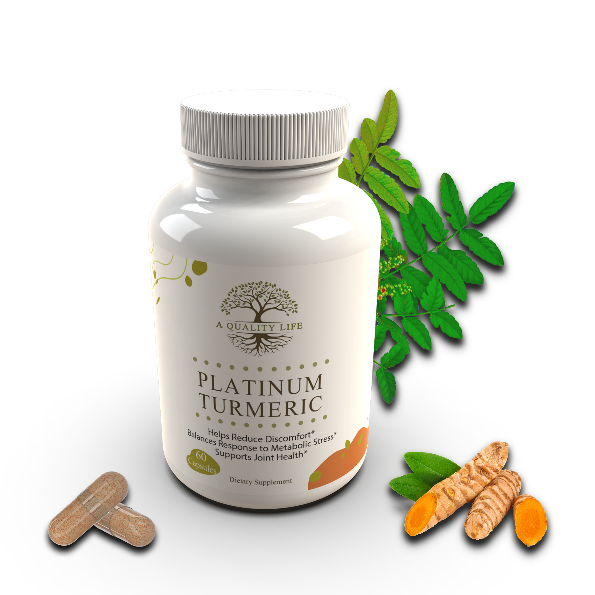 Supplement bottle labeled 'Platinum Turmeric' with turmeric roots and leaves on a white background