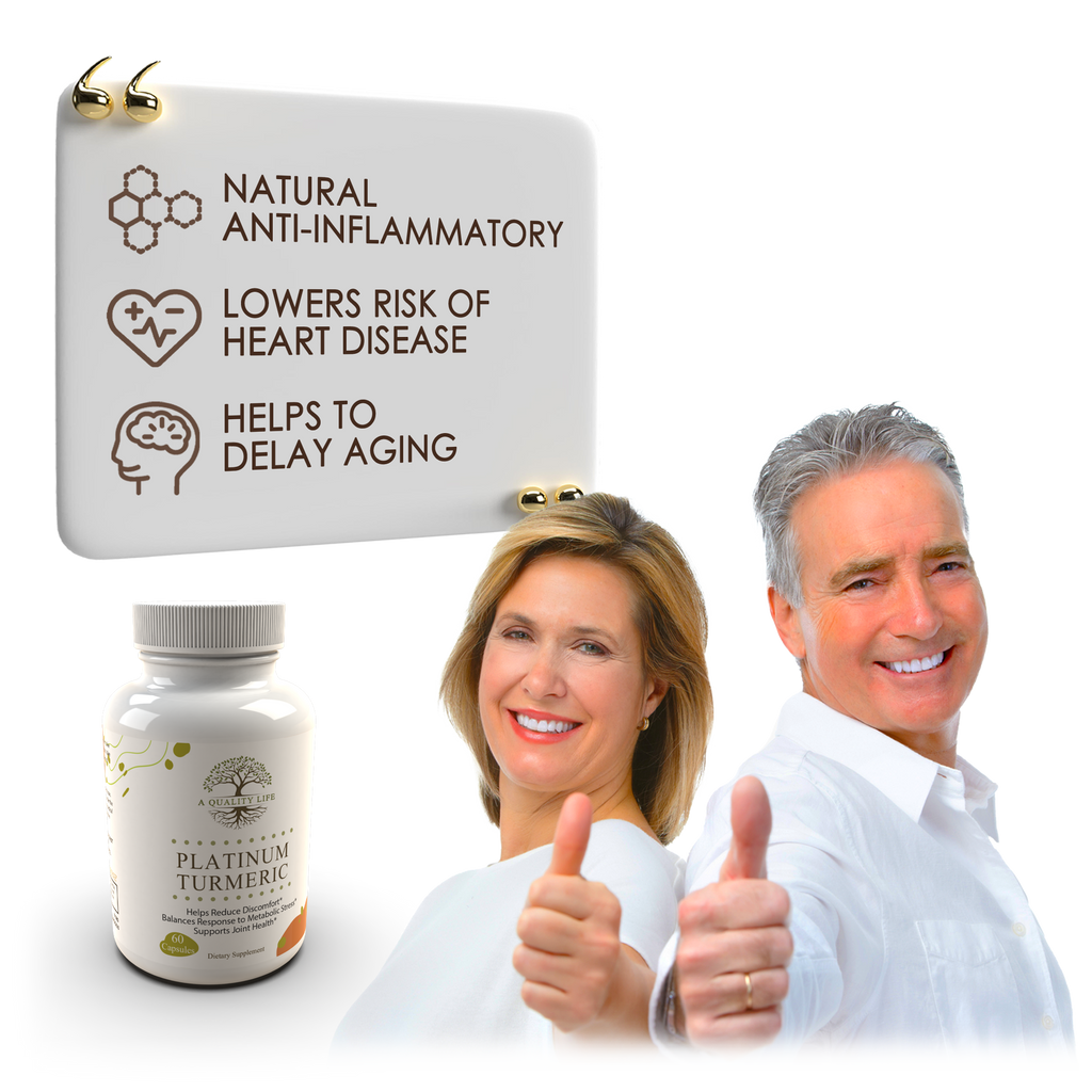 Platinum Turmeric supplement with a man and woman giving thumbs up, and text about health benefits on a white background.