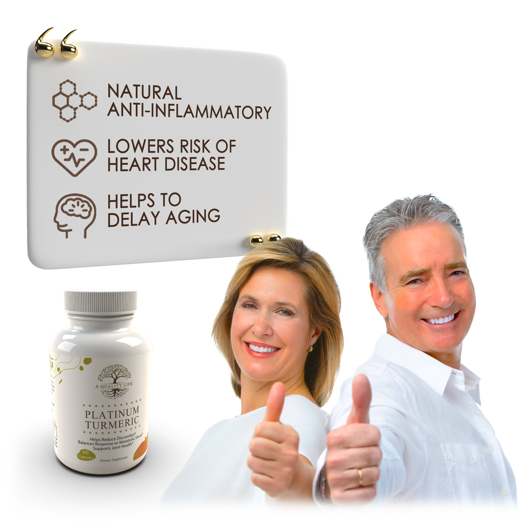 Platinum Turmeric supplement with a man and woman giving thumbs up, and text about health benefits on a white background.