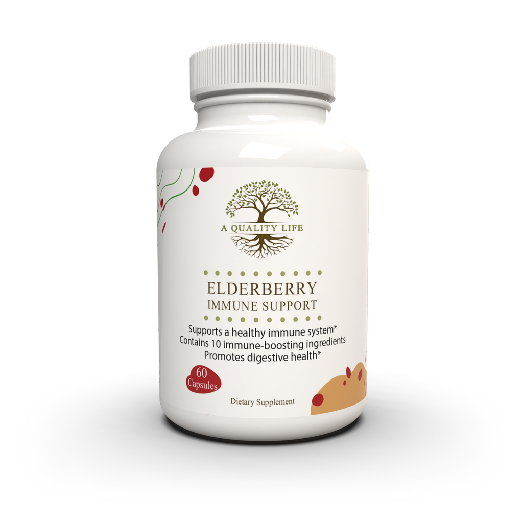 Supplement bottle labeled 'Elderberry Immune Support' on a white background