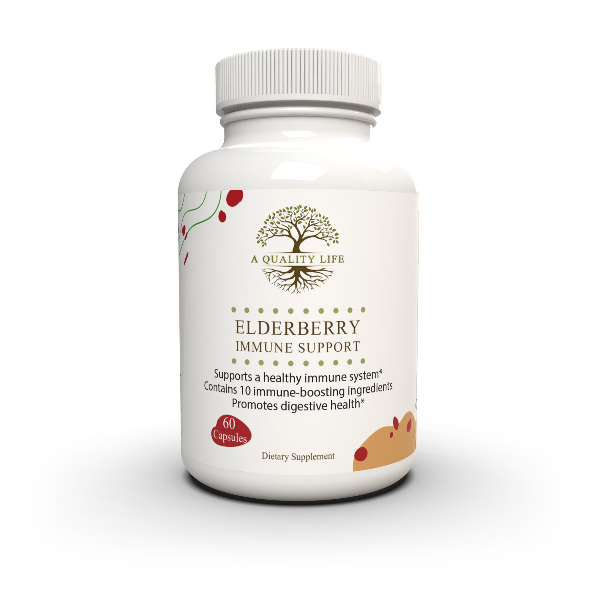 Supplement bottle labeled 'Elderberry Immune Support' on a white background