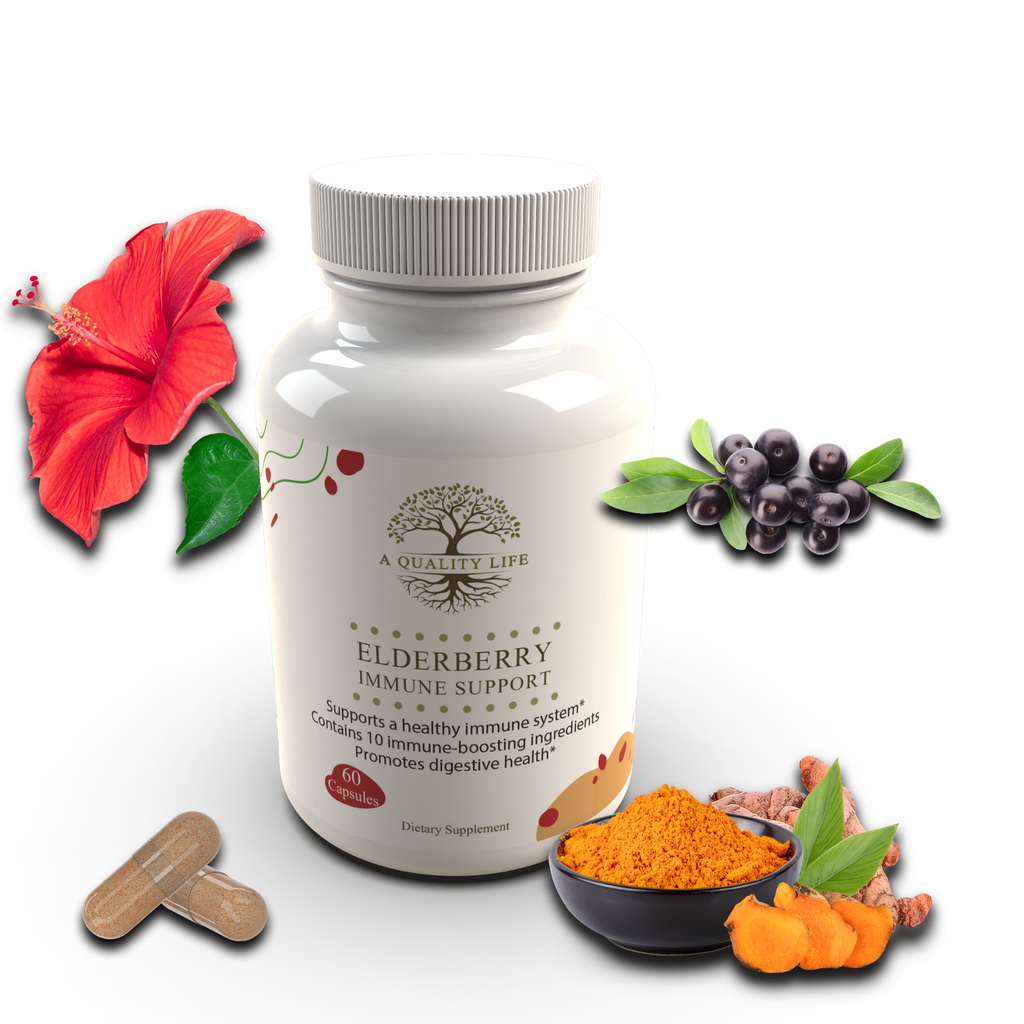 Bottle of Elderberry Immune Support supplement with ingredients on a white background
